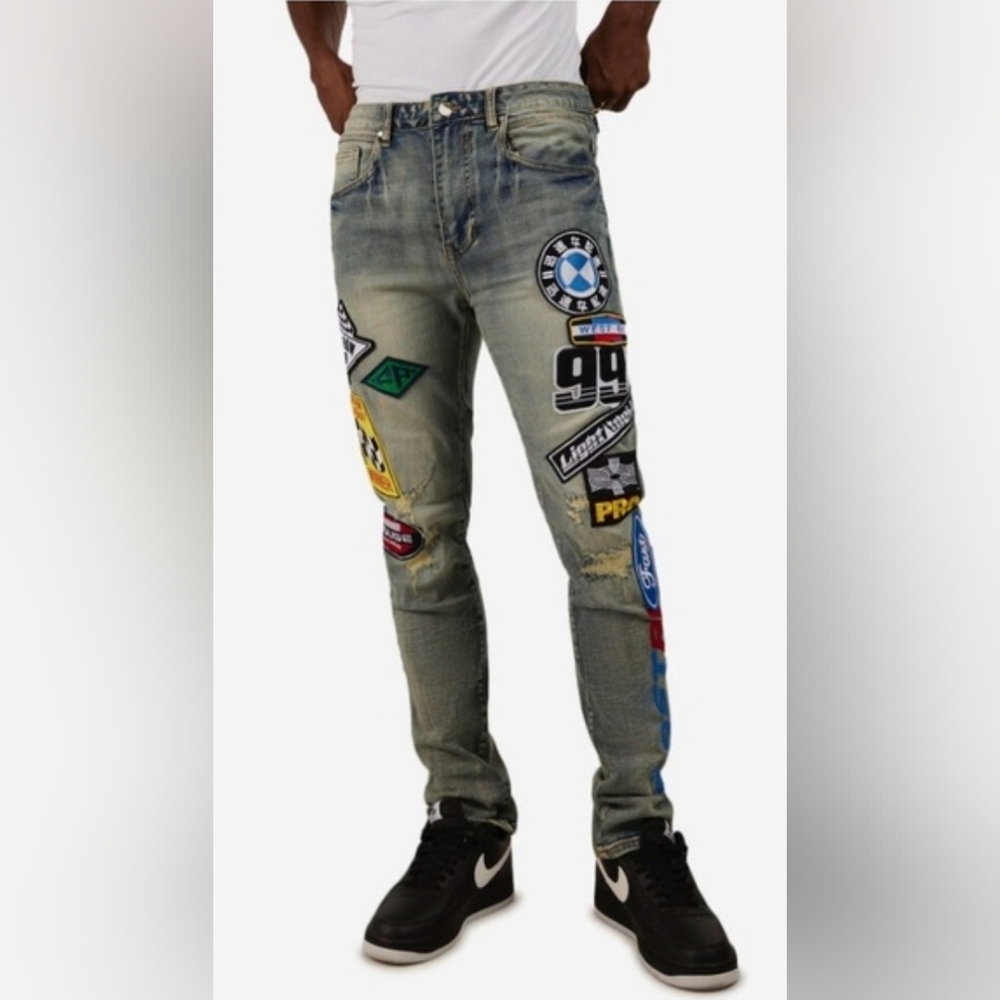 FIRST ROW Graphic Denim Racing Jeans